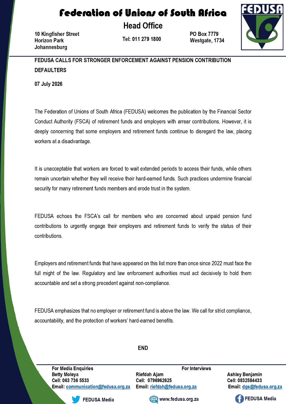 FEDUSA calls for stronger enforcement against pension contribution defaulters.